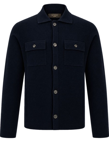 Zanone - Slowear chaqueta punto estilo Sahariana azul lana merino vista frontal limpia