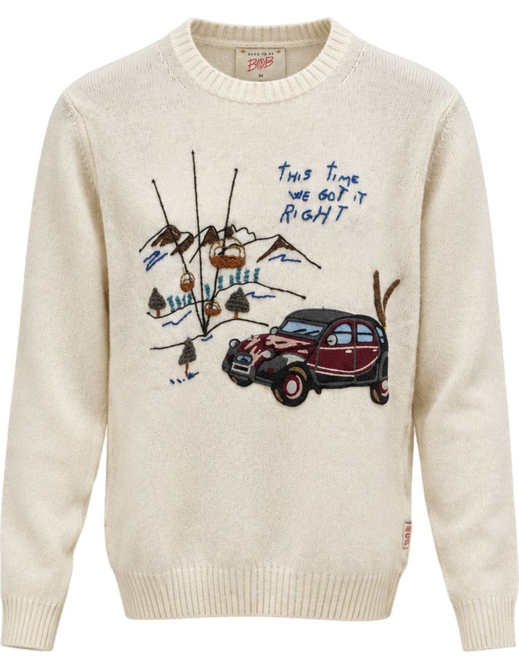 Bob jersey cuello redondo blanco de lana bordados frontales