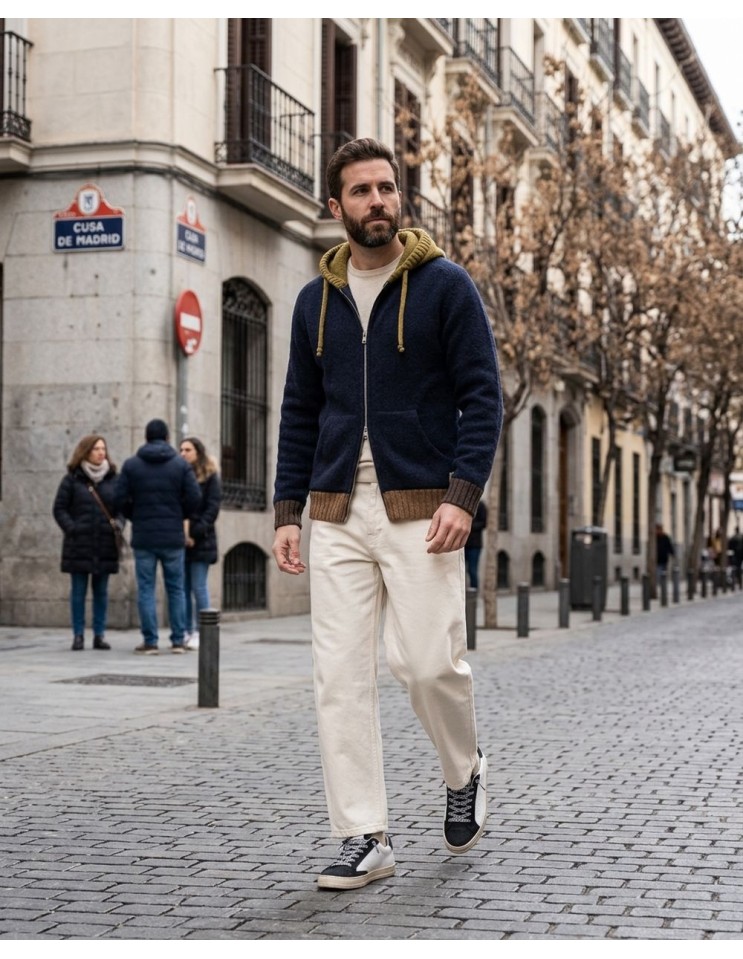 Cardigan Bob azul con capucha y contrastes  – Lana Shetland Zegna Baruffa puesto en un hombre