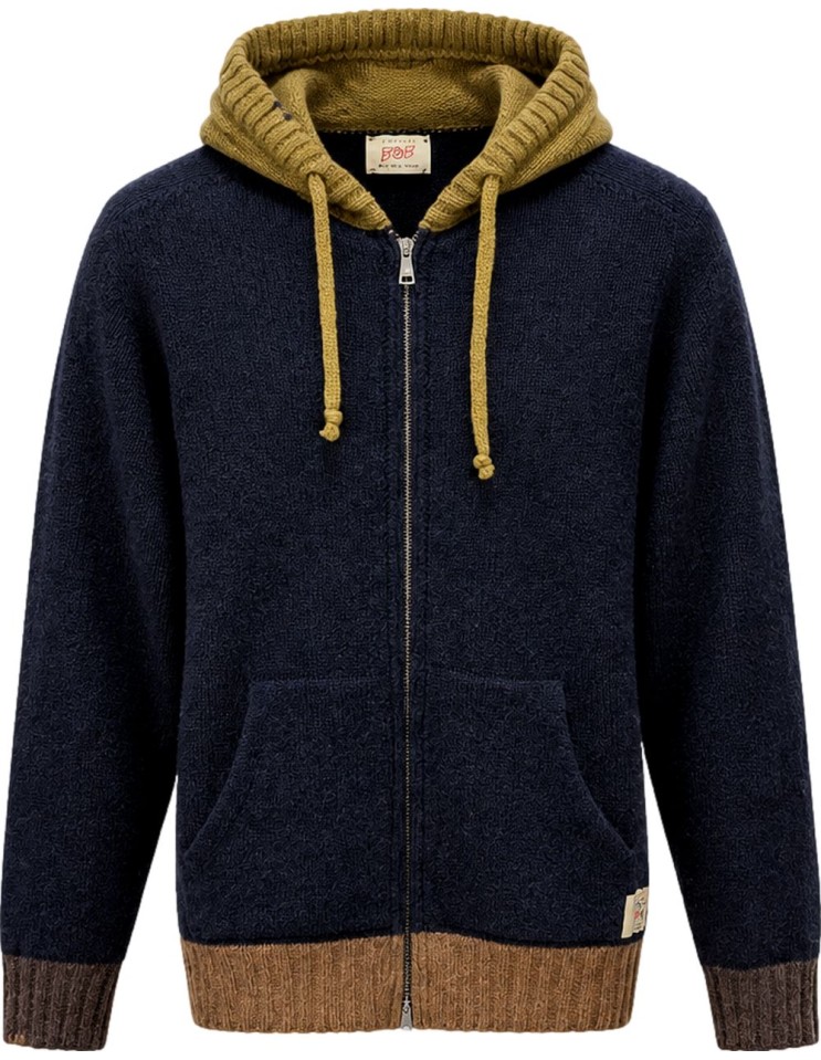Cardigan Bob azul con capucha y contrastes  – Lana Shetland Zegna Baruffa vista frontal