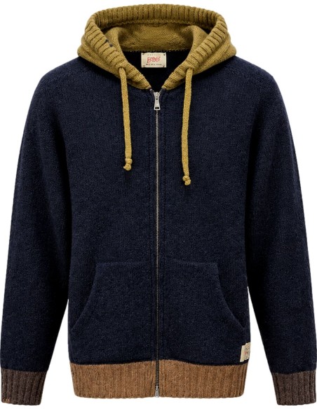 Cardigan Bob azul con capucha y contrastes  – Lana Shetland Zegna Baruffa vista frontal