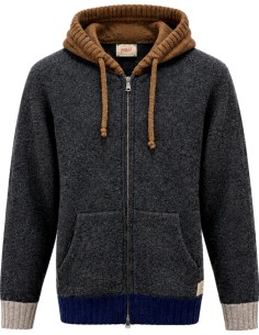 Cardigan Bob gris con capucha y contrastes  – Lana Shetland Zegna Baruffa vista frontal