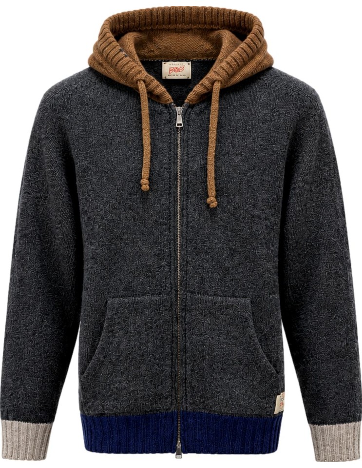 Cardigan Bob gris con capucha y contrastes  – Lana Shetland Zegna Baruffa vista frontal