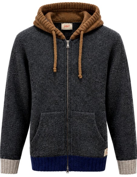Cardigan Bob gris con capucha y contrastes  – Lana Shetland Zegna Baruffa vista frontal