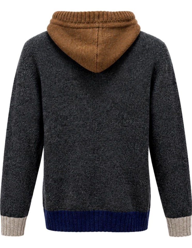 Cardigan Bob gris con capucha y contrastes  – Lana Shetland Zegna Baruffa vista espalda