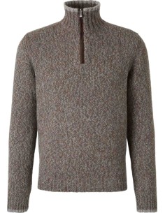 Jersey Fedeli Baby Alpaca media cremallera jaspeado marrón vista frontal