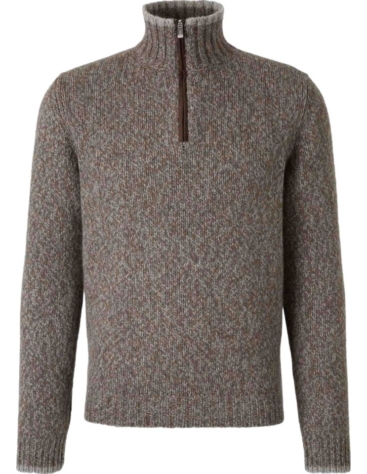 Jersey Fedeli Baby Alpaca media cremallera jaspeado marrón vista frontal