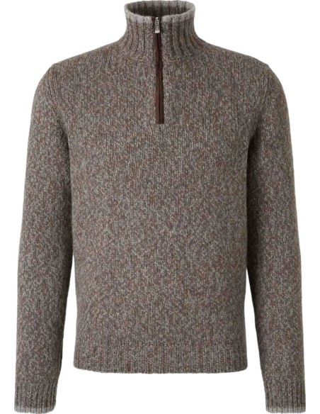 Jersey Fedeli Baby Alpaca media cremallera jaspeado marrón vista frontal