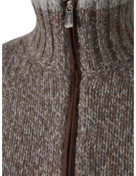 Jersey Fedeli Baby Alpaca media cremallera jaspeado marrón detalle ribete alcantara