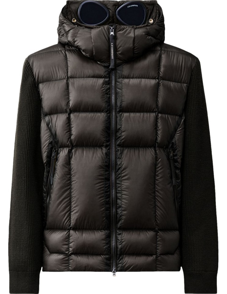 C.P. Company Merino Wool Padded Hybrid Hood Jacket negro con gafas vista frontal