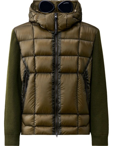 C.P. Company Chaqueta híbrida acolchada con capucha desmontable lana merino verde con gafas vista frontal