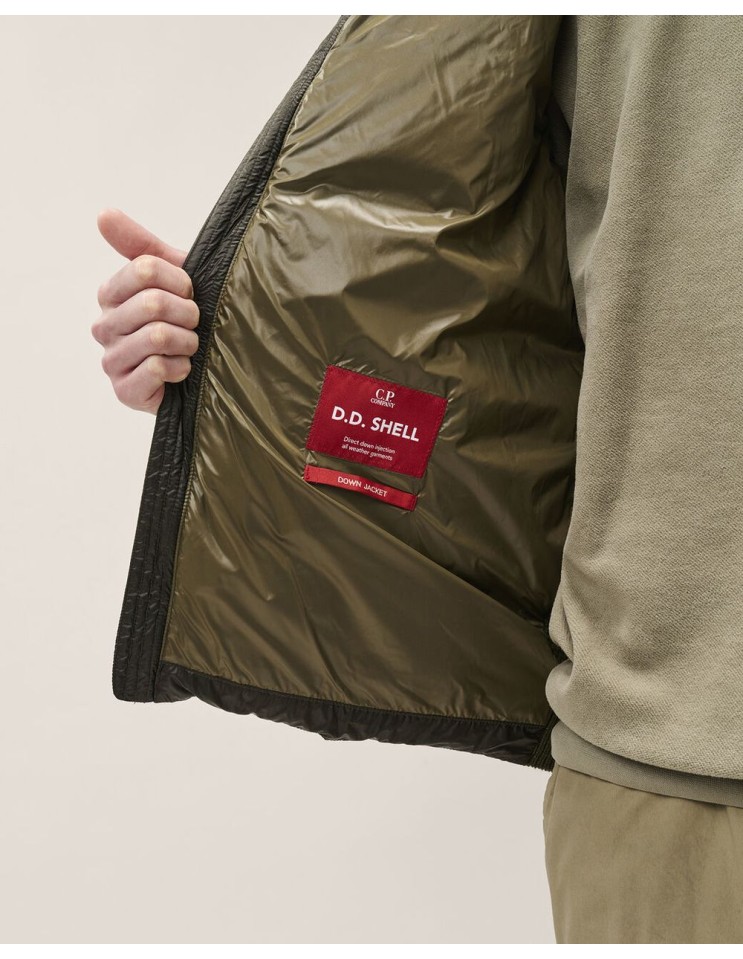 C.P. Company Chaqueta híbrida acolchada con capucha desmontable lana merino verde con gafas detalle etiwqueta interna