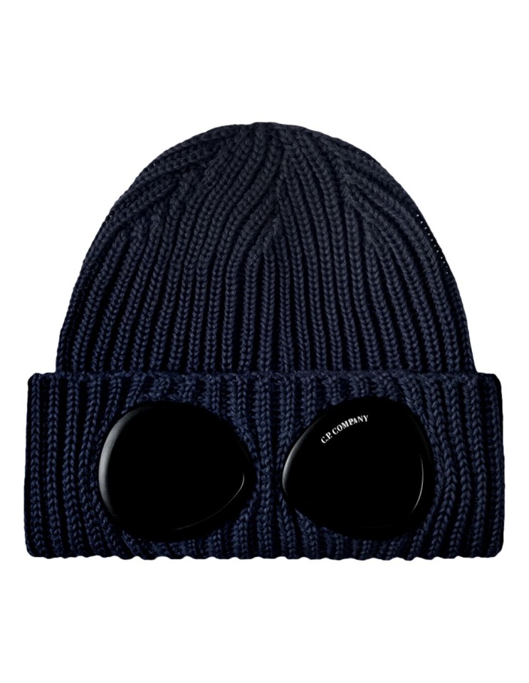 C.P. COMPANY gorro lana merino azul con gafas