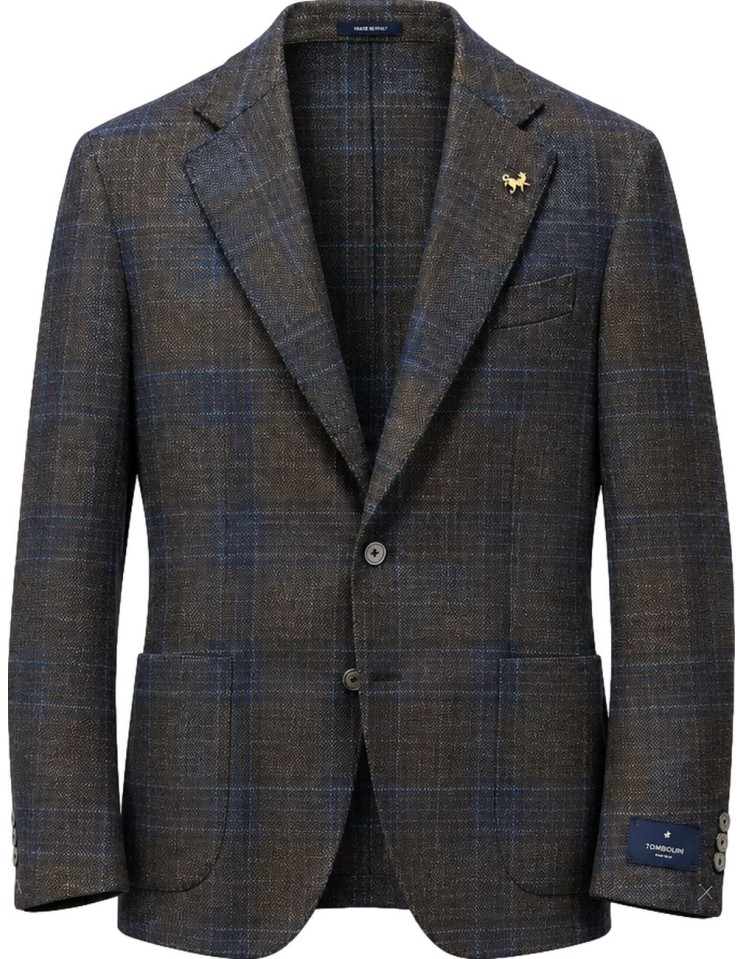 TOMBOLINI Blazer Zero Gravity marrón cuadros azules en lana y seda vista frontal