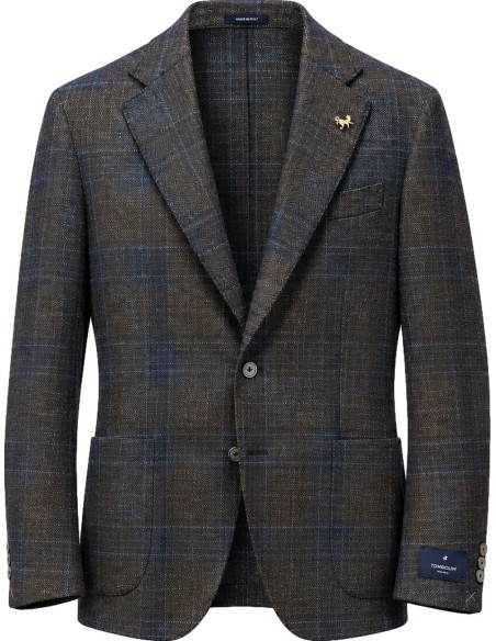 TOMBOLINI Blazer Zero Gravity marrón cuadros azules en lana y seda vista frontal