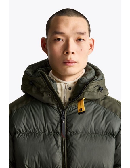 Parajumpers Tyrik verde – Chaqueta de plumón con capucha Endurance detalle tira amarilla