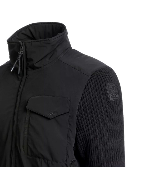 Parajumpers Steel River Cárdigan Híbrido Hombre Negro detalle cuello bolsillo y logo negro
