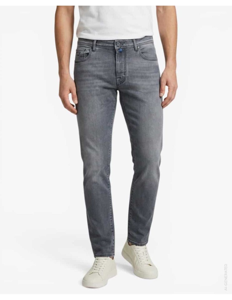 Jacob Cohën Jeans Bard gris etiqueta tartán azul modelo puesto con camiseta gris y zapatillas blancas