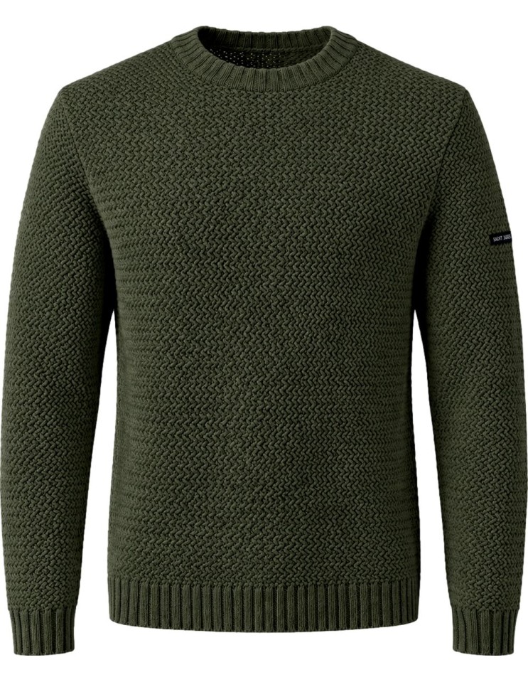 Jersey verde cuello redondo de punto estructurado modelo Luz – Saint James  vista lateral con logo en manga