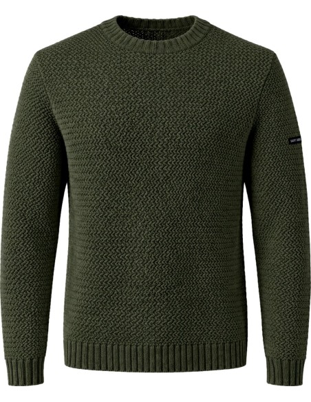 Jersey verde cuello redondo de punto estructurado modelo Luz – Saint James  vista lateral con logo en manga