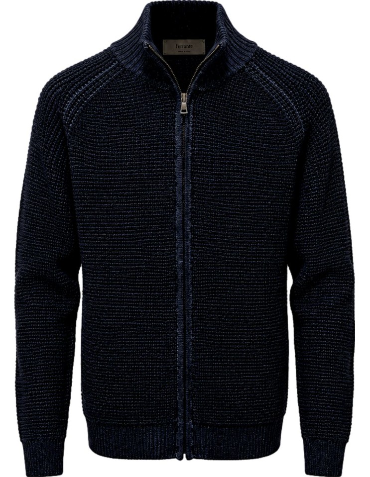 Cárdigan azul de Ferrante con cremallera doble 100% lana merino extrafina vista frontal