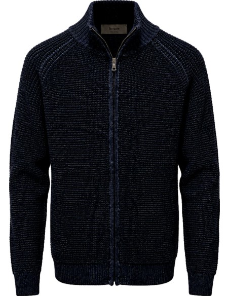 Cárdigan azul de Ferrante con cremallera doble 100% lana merino extrafina vista frontal