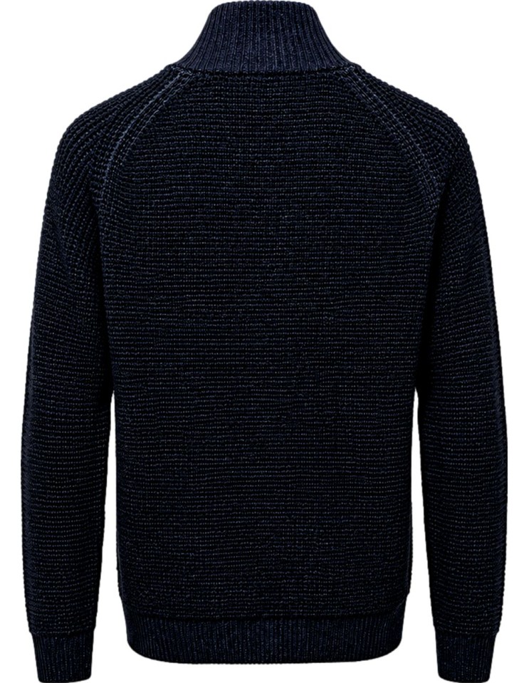 Cárdigan azul de Ferrante con cremallera doble 100% lana merino extrafina vista espalda