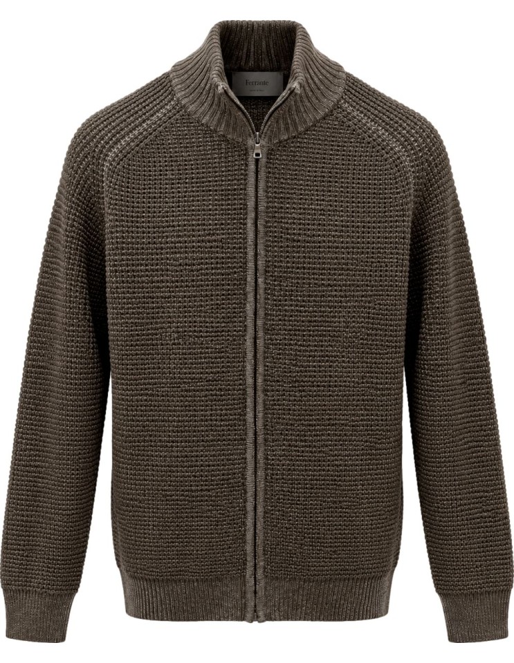 Cárdigan marrón de Ferrante con cremallera doble 100% lana merino extrafina vista frontal