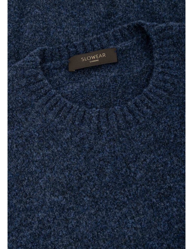 Zanone  - Slowear jersey azul cuello redondo en bouclé de lana detallel cuello