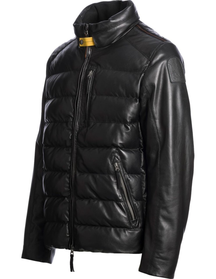 Chaqueta de piel negra Ernie de Parajumpers vista lateral con logo al tono