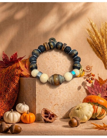 Pulsera artesanal NEPAL piedras, tuercas y cabuchón en cristal