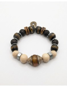 Pulsera artesanal piedras volcánicas, blancas, hueso y cabuchón en cristal