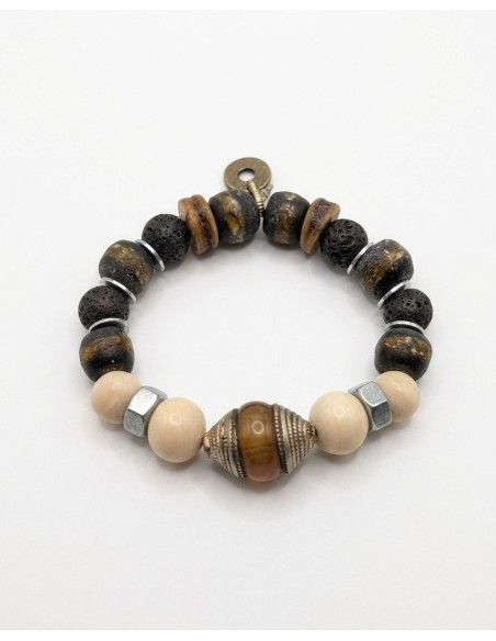 Pulsera artesanal piedras volcánicas, blancas, hueso y cabuchón en cristal
