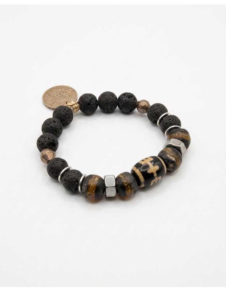 Pulsera artesanal piedras volcánicas, piedras raras, tuercas y moneda