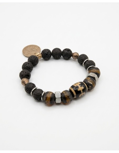 Pulsera artesanal piedras volcánicas, piedras raras, tuercas y moneda