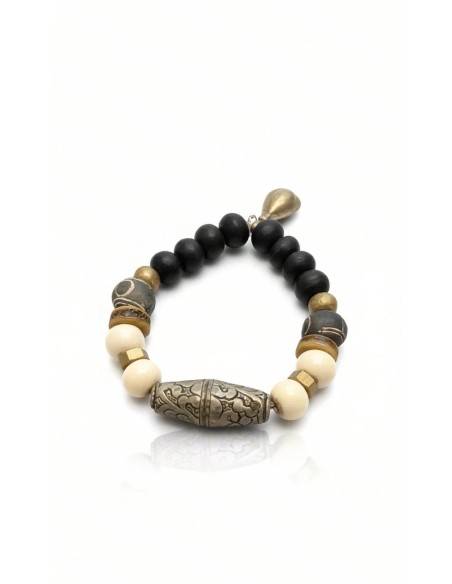 Pulsera hombre piedras negras y pieza grabada | Ego Madrid
