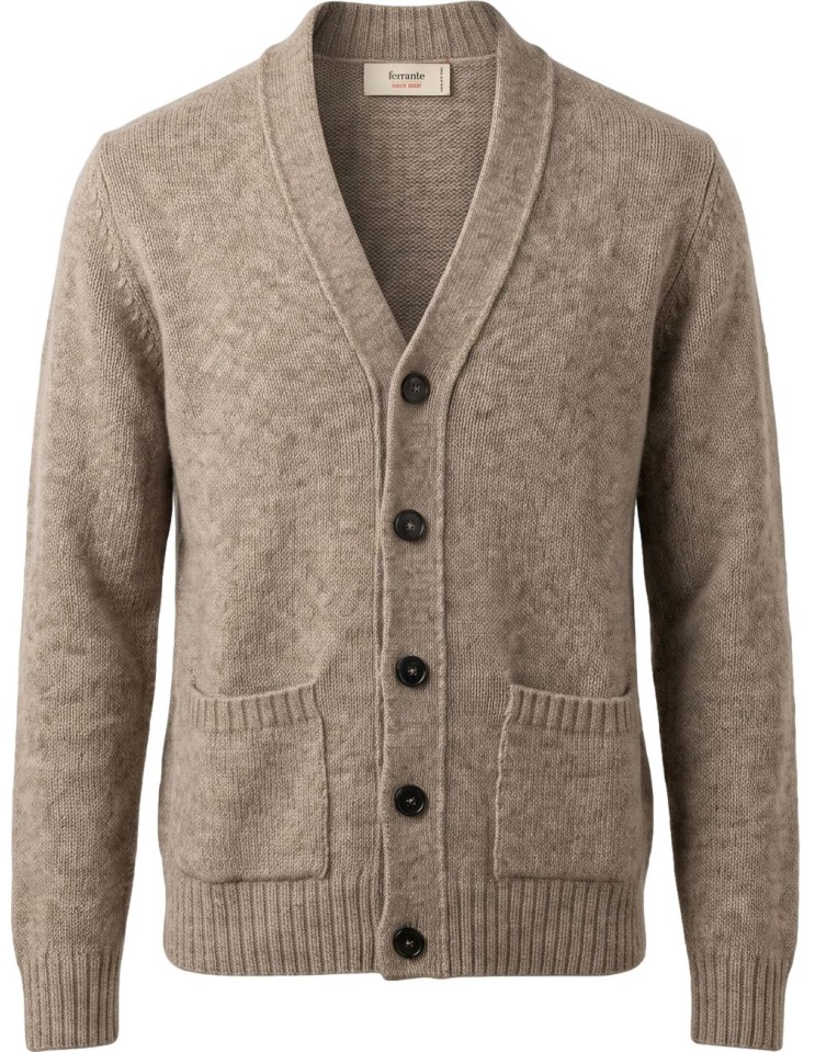 Cardigan con bobotes beige Ferrante Royal Red en lana y alpaca vista frontal